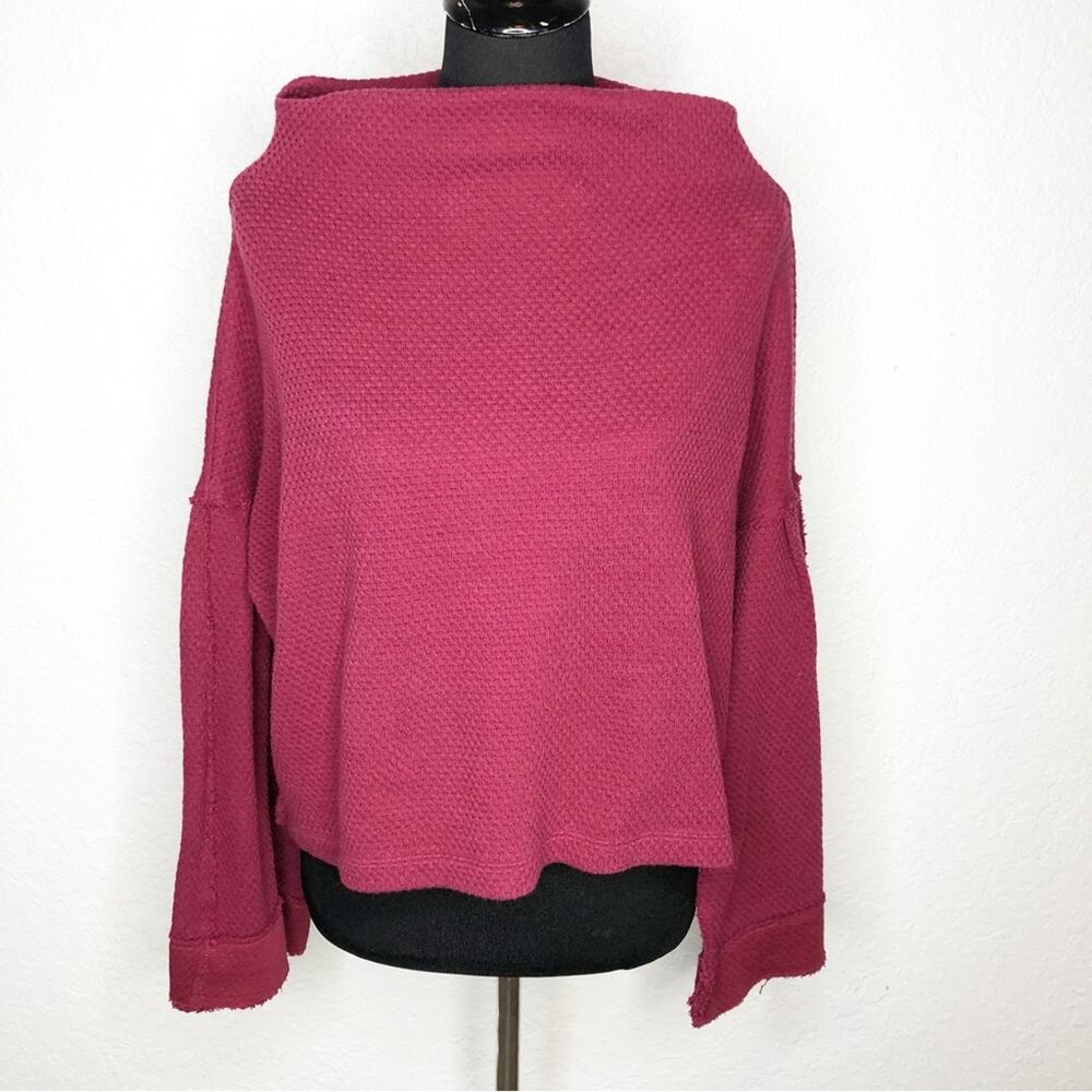 We the Free maroon red waffle thermal knit split back bell sleeve top size Small